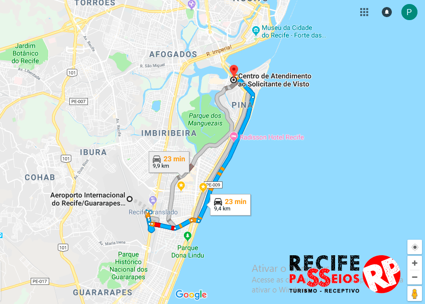 Mapa do Consulado Americano no Recife saindo do Aeroporto do Recife